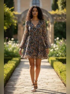 Beige by Eci Floral Print Long Sleeve Wrap Dress Size 6